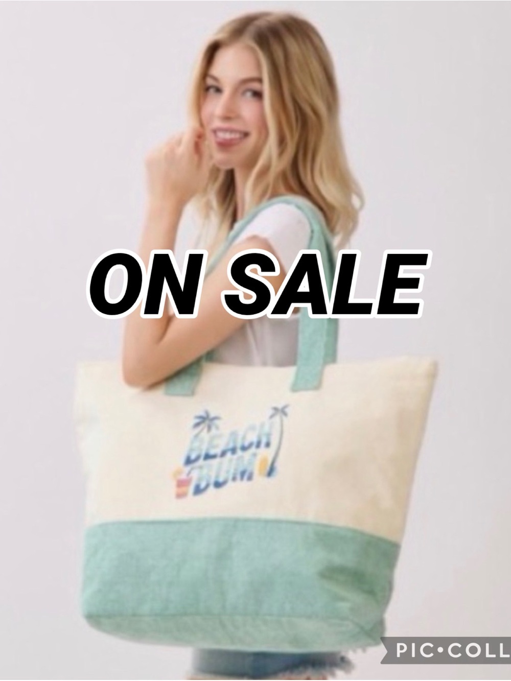 Beach Bum Canvas Tote Bag in Cream & Mint